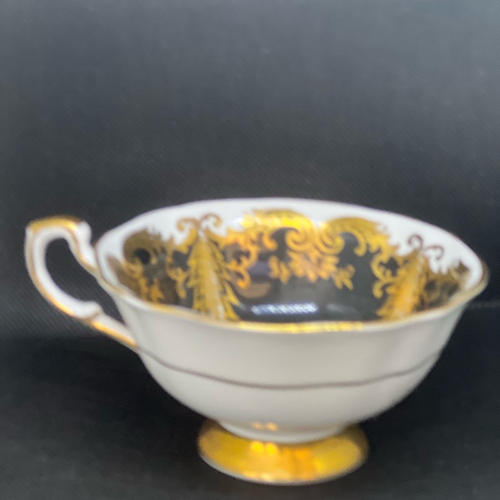 Paragon Cup  Black Floral Gold Overlay Queen Elizabeth Warrant 1960s